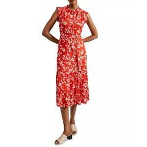 HOBBS London Dress size 6 Red Floral long line Elsa Ruffled Midi Country Office